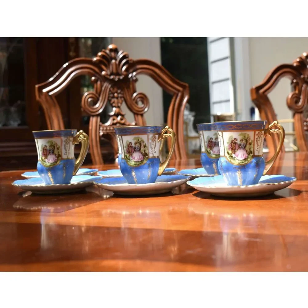 Set of 6 Saji Fine China Japan Courting Couple Demitasse Blue Gold Cup Saucer